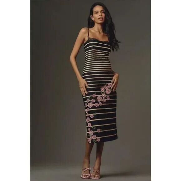 Maeve By Anthropologie Women's Midi Dress Square Neck Sleeveless Slim Sz 0 Black - Picture 1 of 8